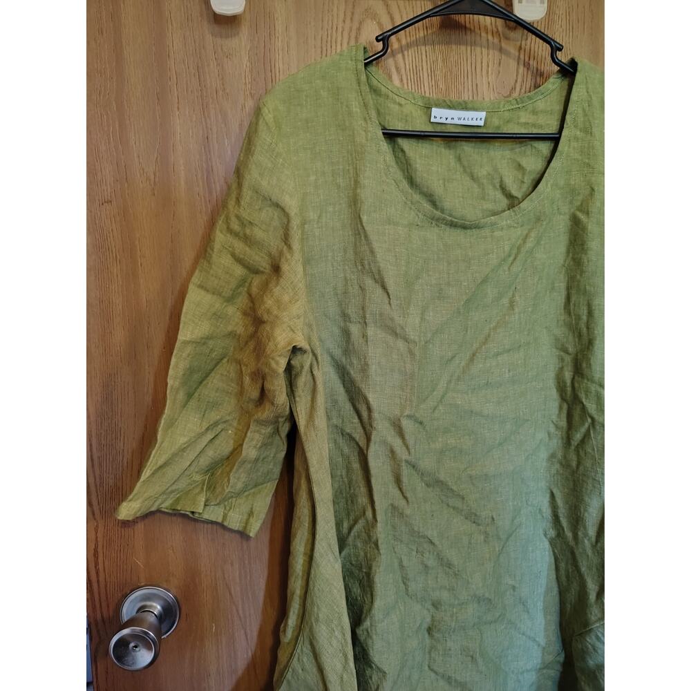 Bryn Walker Green Linen Dress tunic Asymmetrical Hem Lagenlook MidSleeve Loose M - Picture 10 of 11